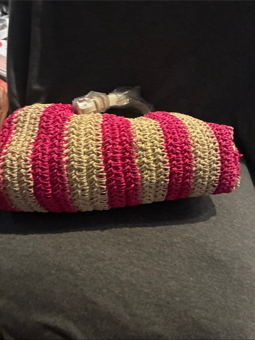 LOFT Pink and Cream Striped Woven Shoulder Bag - Picture 6 of 7